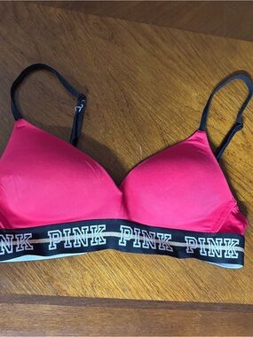 PINK Victoria's Secret Wireless Bralette in Bright Pinkish Red with Black Band